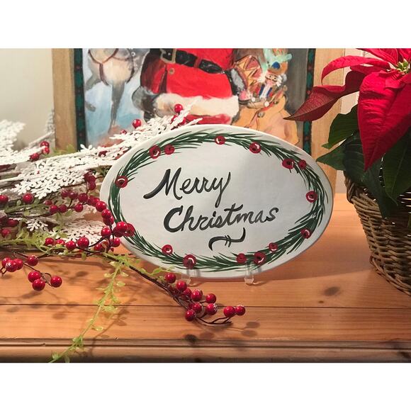 Merry Christmas Oval Ceramic Sign: Hand Painted-Glazed in 18k Gold Touches - Picture 2 of 5